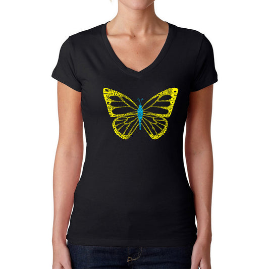LA Pop Art Women's Word Art V-Neck T-Shirt - Butterfly