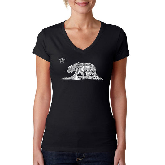 LA Pop Art Women's Word Art V-Neck T-Shirt - California Bear 2