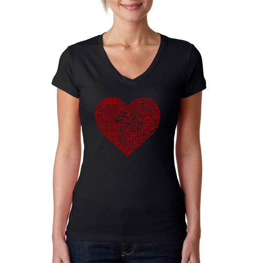LA Pop Art Women's Word Art V-Neck T-Shirt - Country Music Heart