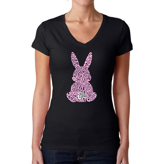 LA Pop Art Women's Word Art V-Neck T-Shirt - Easter Bunny