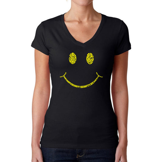 LA Pop Art Women's Word Art V-Neck T-Shirt - Be Happy Smiley Face