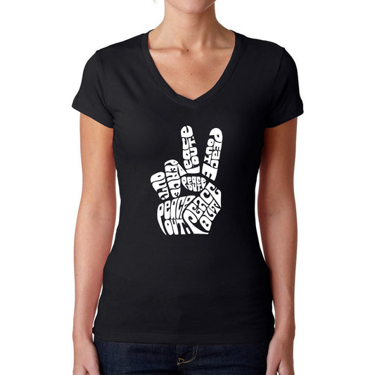 LA Pop Art Women's Word Art V-Neck T-Shirt - Peace Out
