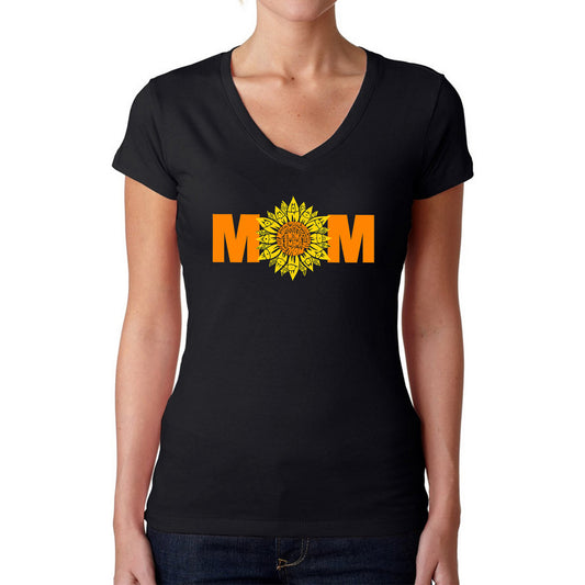 LA Pop Art Women's Word Art V-Neck T-Shirt - Mom Sunflower