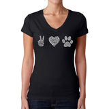 LA Pop Art Women's Word Art V-Neck T-Shirt - Peace Love Dogs