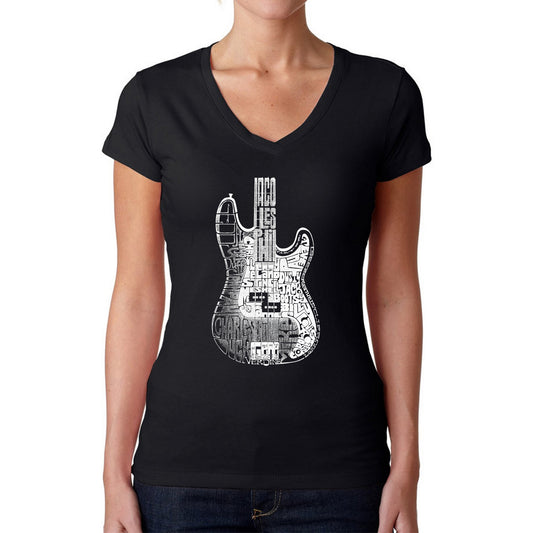 LA Pop Art Women's Word Art V-Neck T-Shirt - Bass Guitar