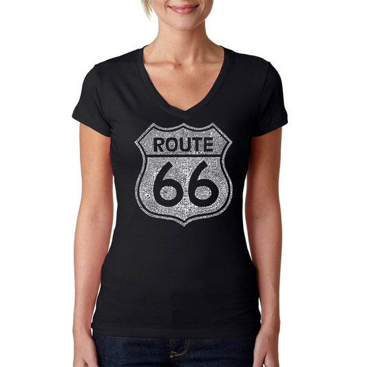 LA Pop Art Women's Word Art V-Neck T-Shirt - Cities Along The Legendary Route 66