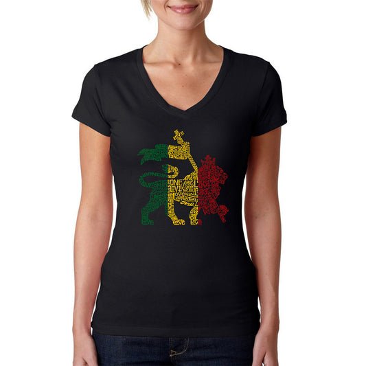 LA Pop Art Women's Word Art V-Neck T-Shirt - Rasta Lion - One Love