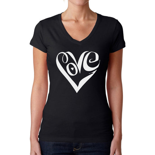 LA Pop Art Women's Word Art V-Neck T-Shirt - Script Love Heart