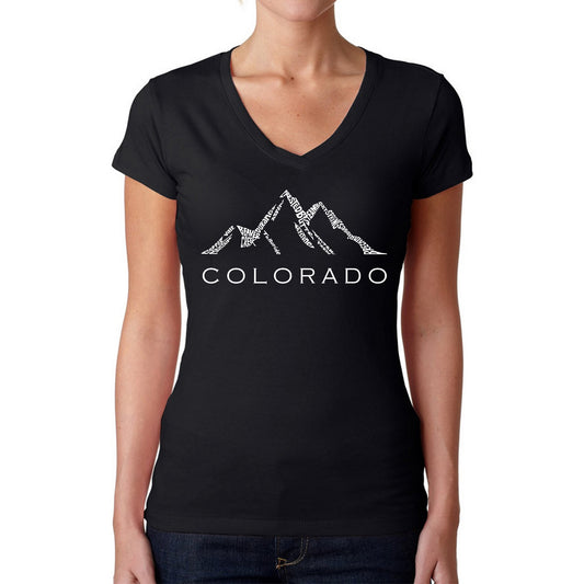 LA Pop Art Women's Word Art V-Neck T-Shirt - Colorado Ski Towns