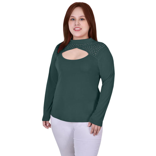 Plus Size Long Sleeve Studded Neck Top