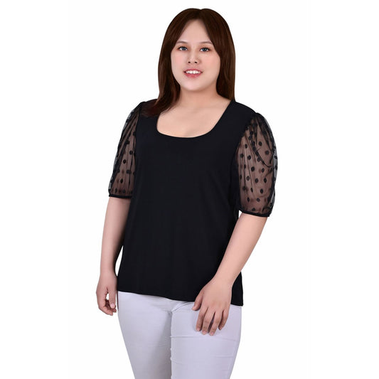 Plus Size Crepe Top With Mesh Dotted Sleeves