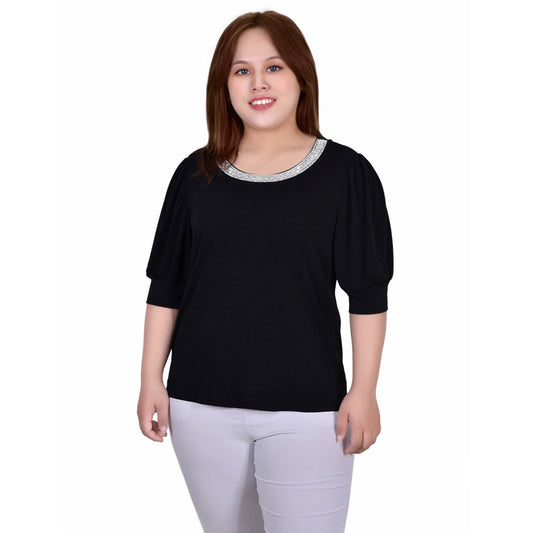 Plus Size Short Puff Sleeve Top With Beaded Detail