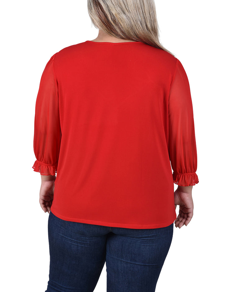 Plus Size 3/4 Sleeve Ringed Top With Mesh