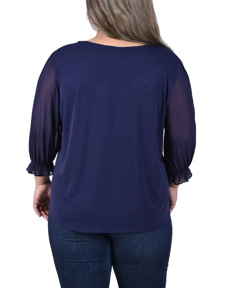 Plus Size 3/4 Sleeve Ringed Top With Mesh