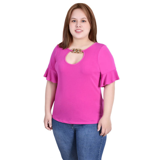Plus Size Short Bell Sleeve Top With Cut Out