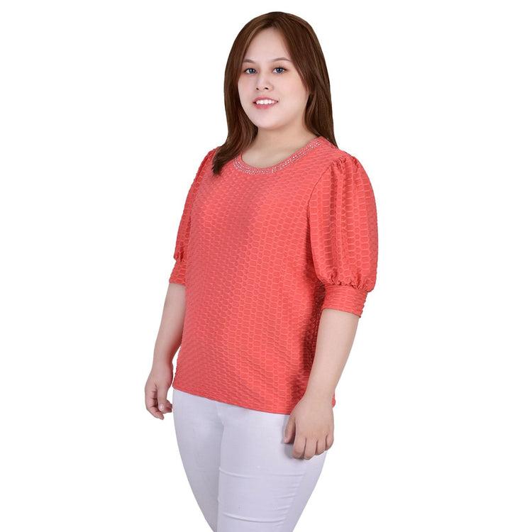 Plus Size Short Puff Sleeve Honeycomb Top