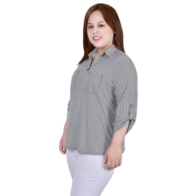 Plus Size 3/4 Ruched Sleeve Collared Top