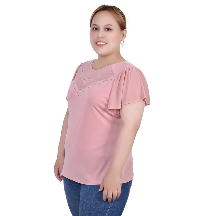Plus Size Short Flutter Sleeve Top With Studded Detail