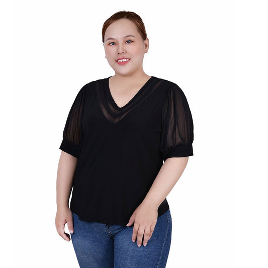 Plus Size Puff Sleeve Top With Sheer Features