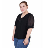 Plus Size Puff Sleeve Top With Sheer Features
