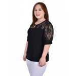 Plus Size Short Sleeve Lace and Neck Top