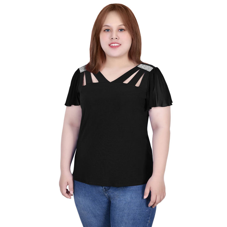 Plus Size Short Flutter Sleeve Top With Cut-Outs