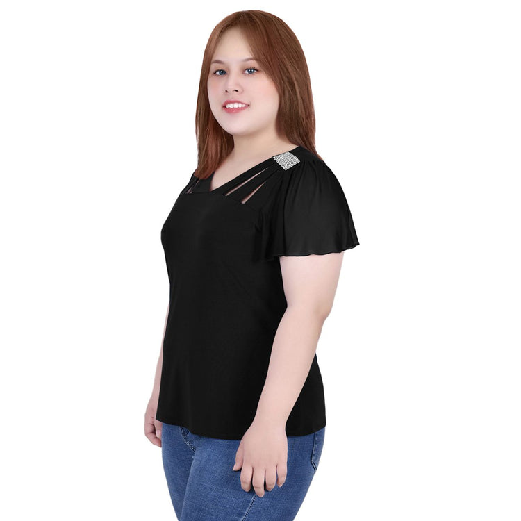 Plus Size Short Flutter Sleeve Top With Cut-Outs