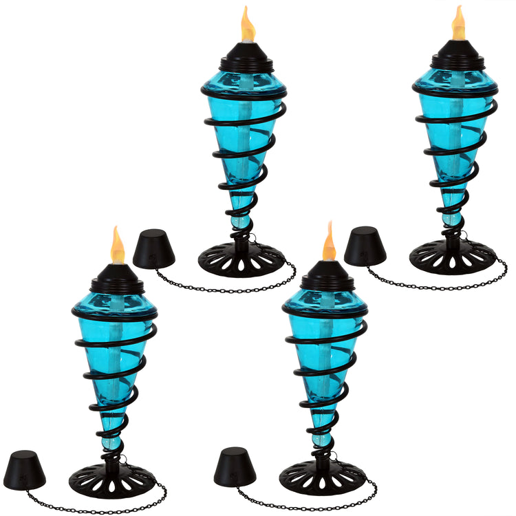 Tabletop Glass and Metal Swirl Patio Table and Lawn Torch Set - Blue