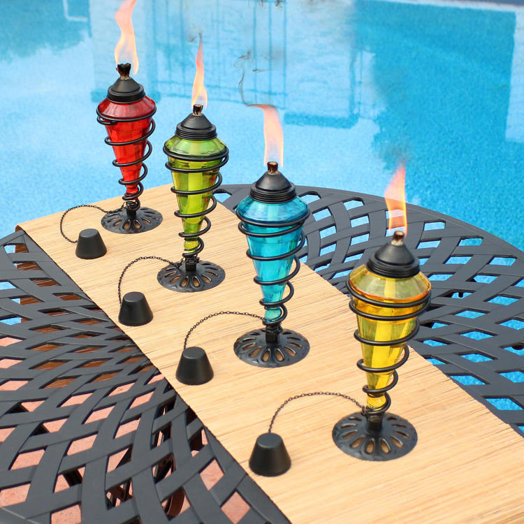 Tabletop Glass and Metal Swirl Patio Table and Lawn Torch Set - Pack of 2