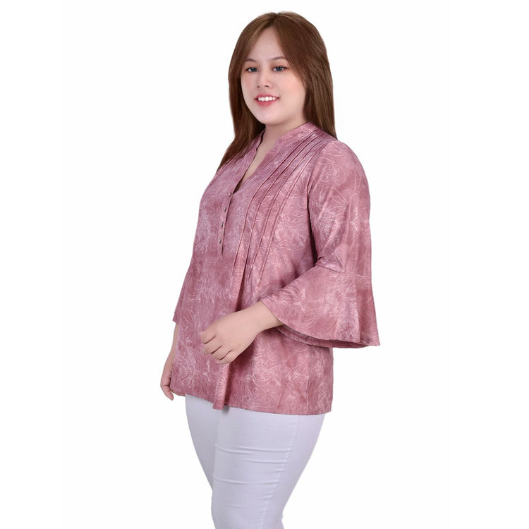 Plus Size 3/4 Bell Sleeve With Pleated Front