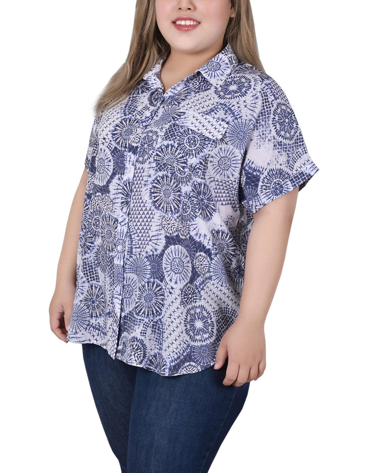 Plus Size Short Rolled Sleeve Button Front Blouse