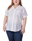 Plus Size Short Sleeve Woven Front/Jersey Back Top