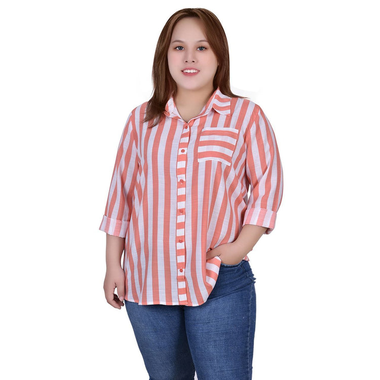 Plus Size 3/4 Sleeve Striped Blouse