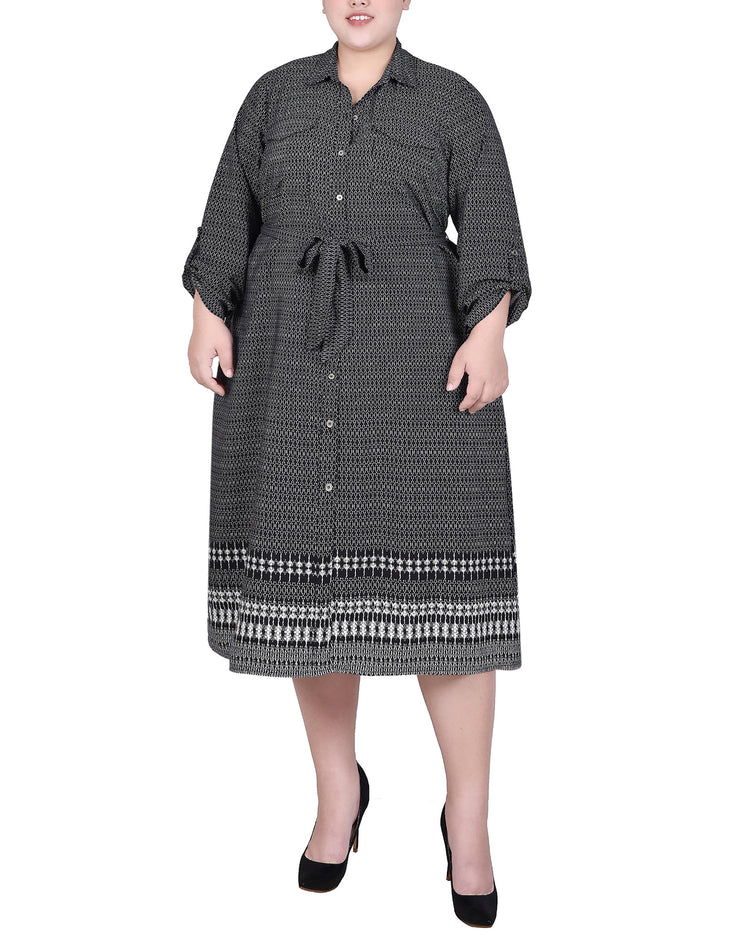 Plus 3/4 Roll Tab Sleeve Belted Shirtdress