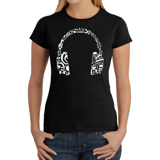 LA Pop Art Women's Word Art T-Shirt - Music Note Headphones