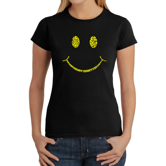 LA Pop Art Women's Word Art T-Shirt - Be Happy Smiley Face