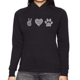 LA Pop Art Women's Word Art Hooded Sweatshirt - Peace Love Dogs
