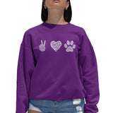 LA Pop Art Women's Word Art Crew Sweatshirt - Peace Love Dogs