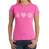 LA Pop Art Women's Word Art T-Shirt - Peace Love Dogs