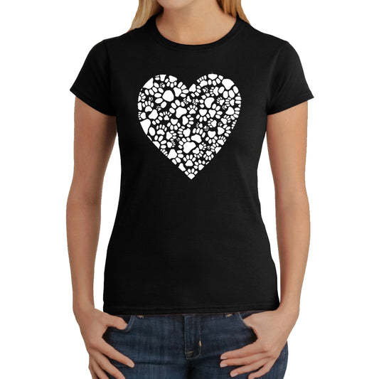 LA Pop Art Women's Word Art T-Shirt - Paw Prints Heart