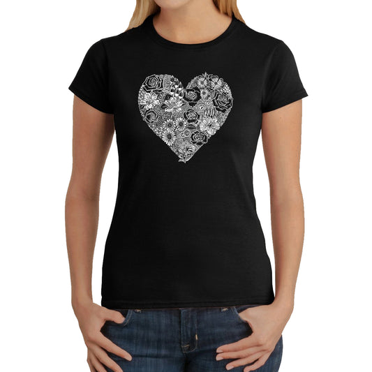 LA Pop Art Women's Word Art T-Shirt - Heart Flowers