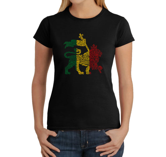 LA Pop Art Women's Word Art T-Shirt - Rasta Lion - One Love