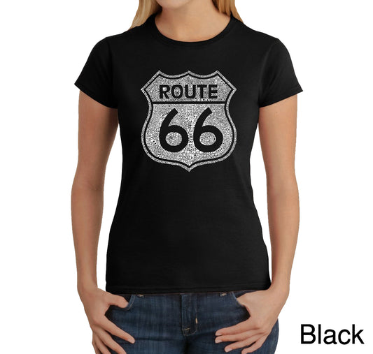 LA Pop Art Women's Word Art T-Shirt - Cities Along The Legendary Route 66