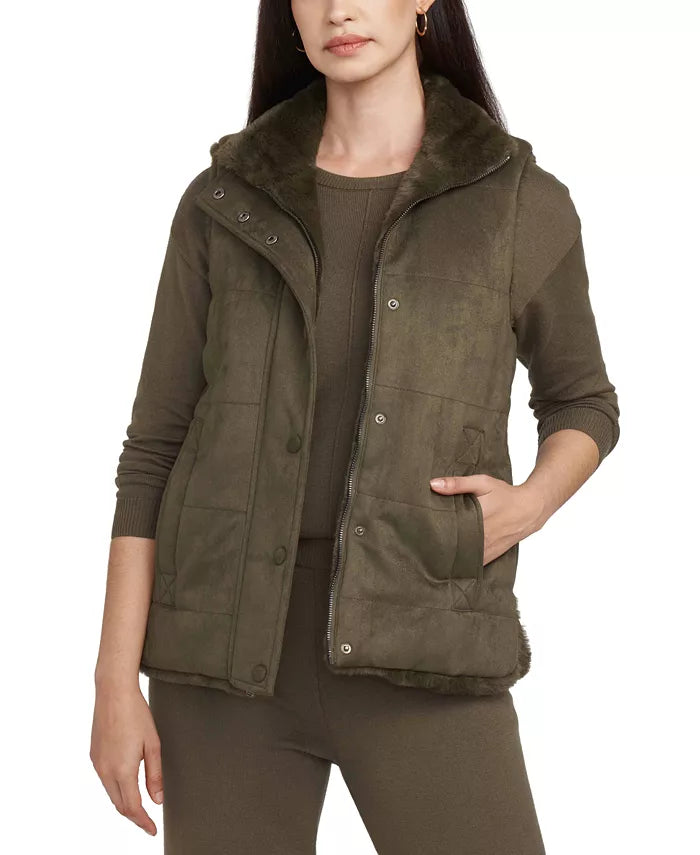  Anne Klein Faux Fur Lined Suede Vest - Kelp - Bonton