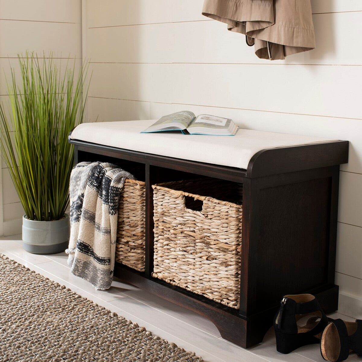  Safavieh Freddy Wicker Storage Bench - White Wash - Bonton