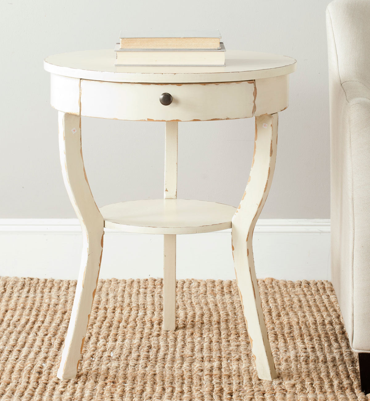  Safavieh Kendra Round Pedestal End Table with Drawer - Vintage Cream - Bonton