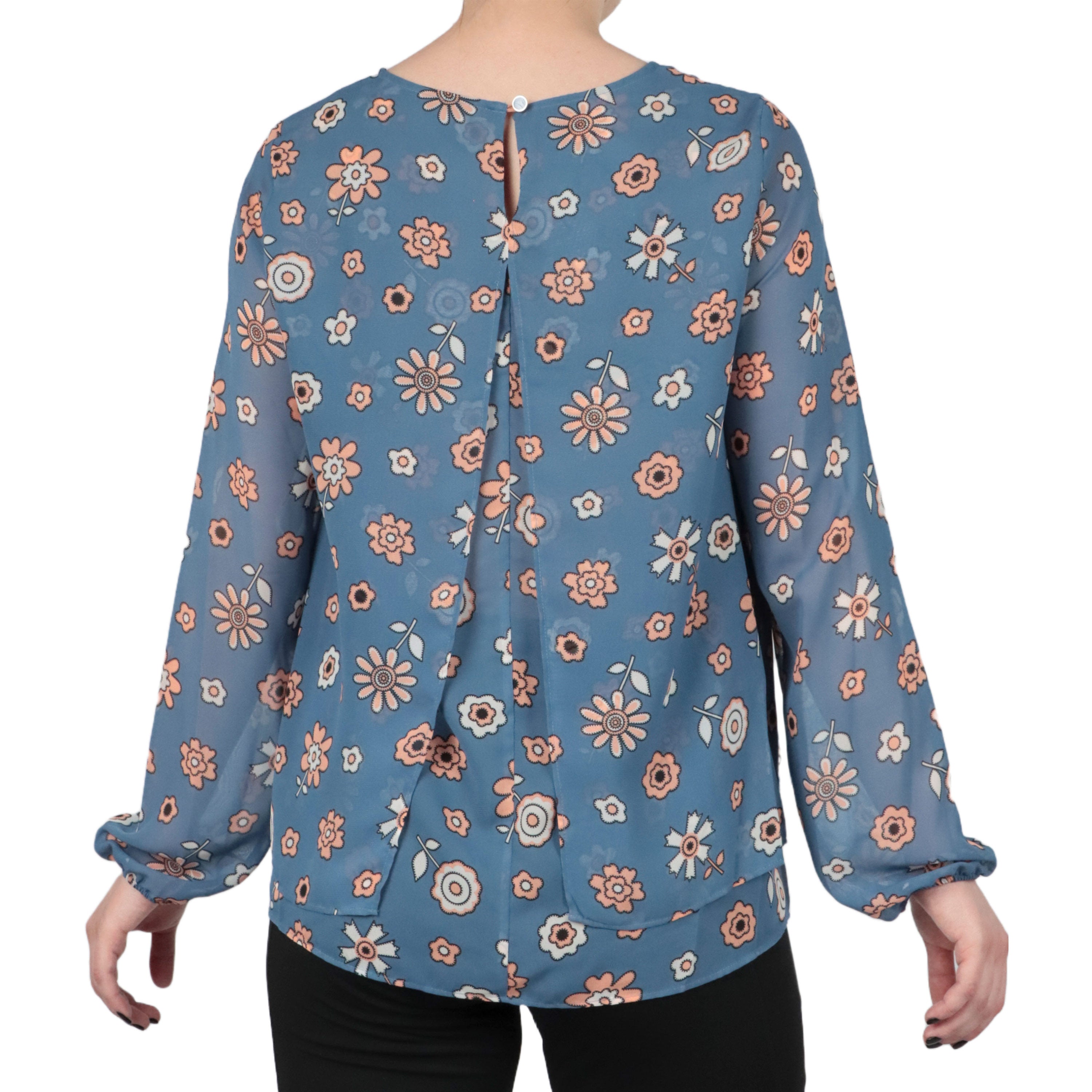  Anne Klein Chiffon Double Layer Long Sleeve With Keyhole Back Blouse - Blue Jay Combo - Bonton