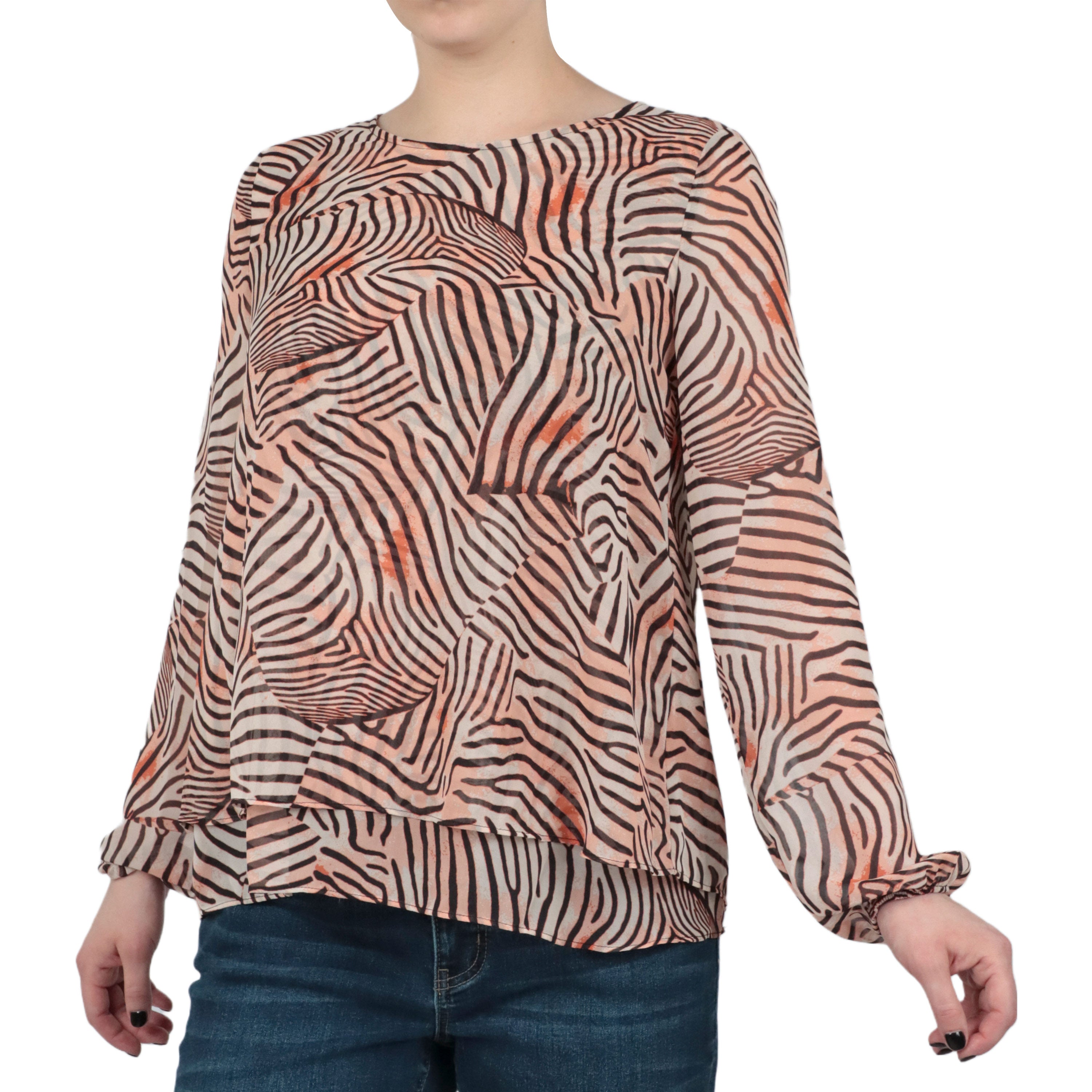  Anne Klein Double Layer Long Sleeve Blouse with Keyhole Back - Warm Sand / Anne Black - Bonton