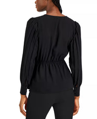 Pleated Sleeve V Neck Blouse