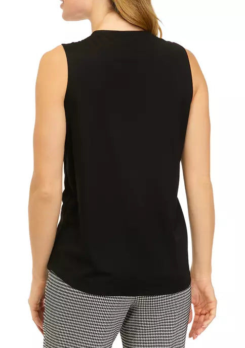  Anne Klein Pleat Front Top with Faux Leather Trim - Anne Black - Bonton